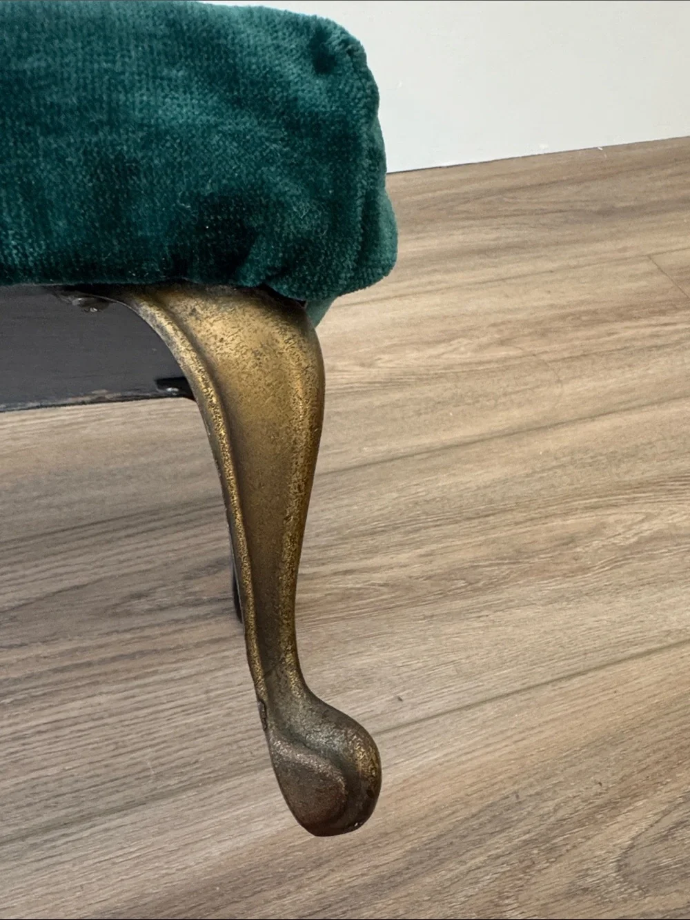 Antique vintage Green Upholstered Accent Footstool Ottoman with iron brass legs